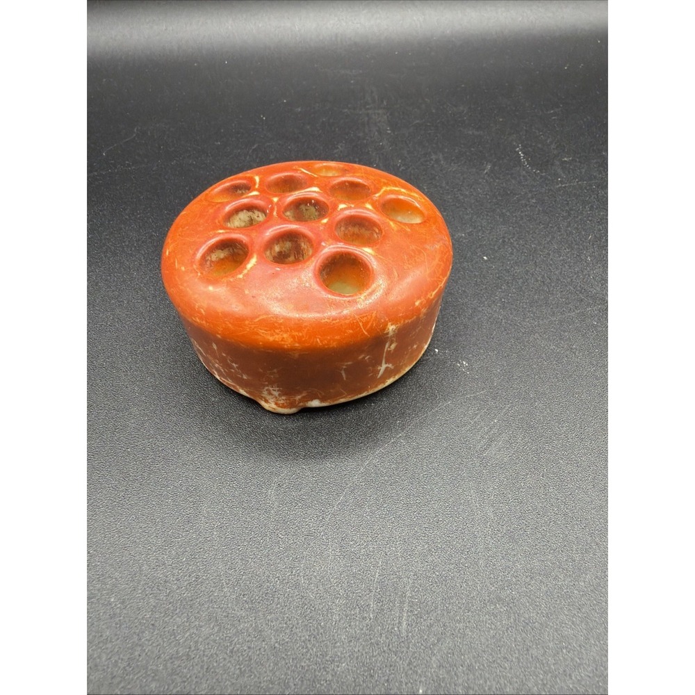 VTG Czechoslovakia Orange Ceramic flower frog 11 Holes